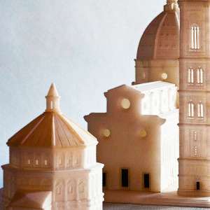 Detail of alabaster model of Florence's Duomo, with Campanile and Baptistry.