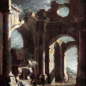 Detail from Leonardo Codazzi's moonlit Capriccio with Sarcaphagus, Naples.